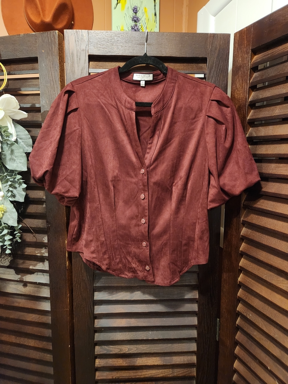bagatelle Burgundy Button-Front Puff Sleeve Top
